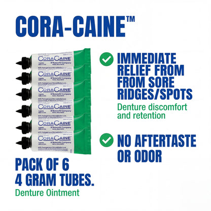 6 Pack: Cora-Caine Dental Adhesive with 16% Benzocaine Analgesic: Denture Pain Relief & Secure Fit